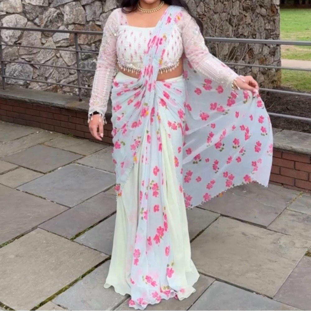 Floral White and Pink Saree